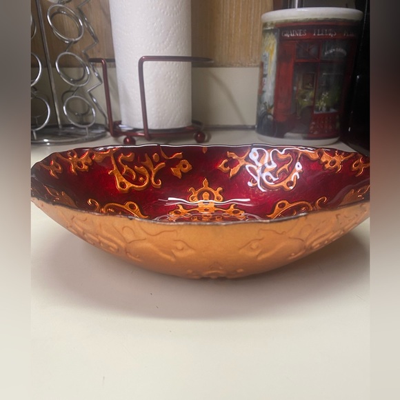 unbranded Other - Hand-Painted Red Glass Candy Nut Dish Bowl Oblong Trinket Jewelry